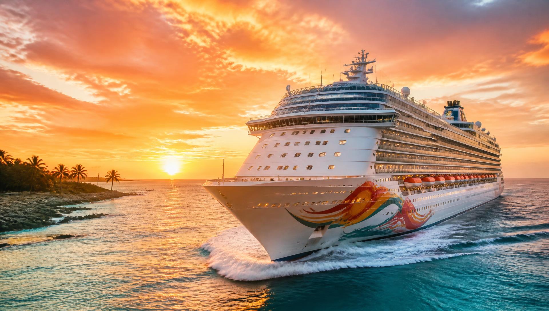 Cruise ship sailing into a tropical sunset