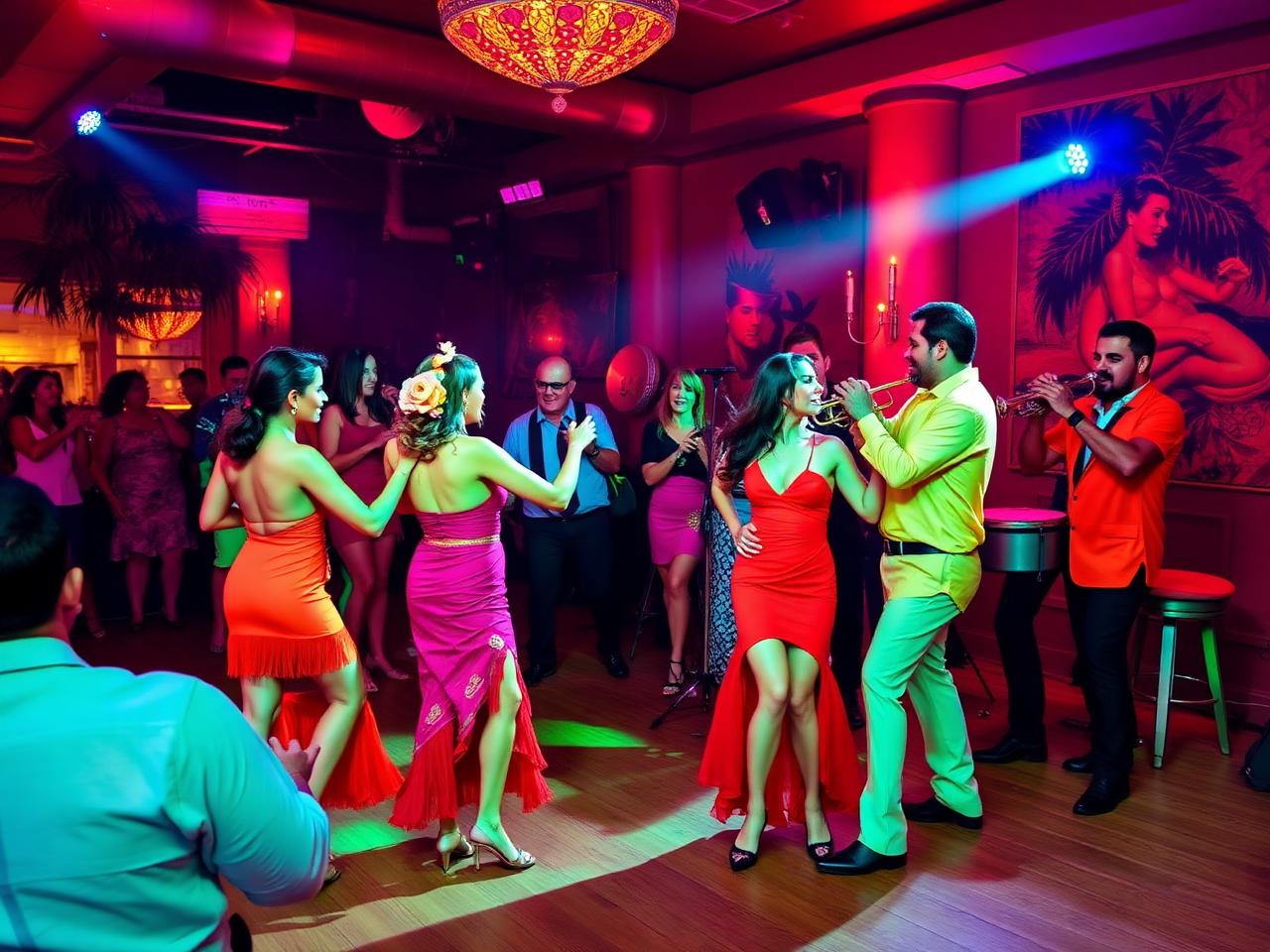 Latin music night with salsa dancers and a live brass section